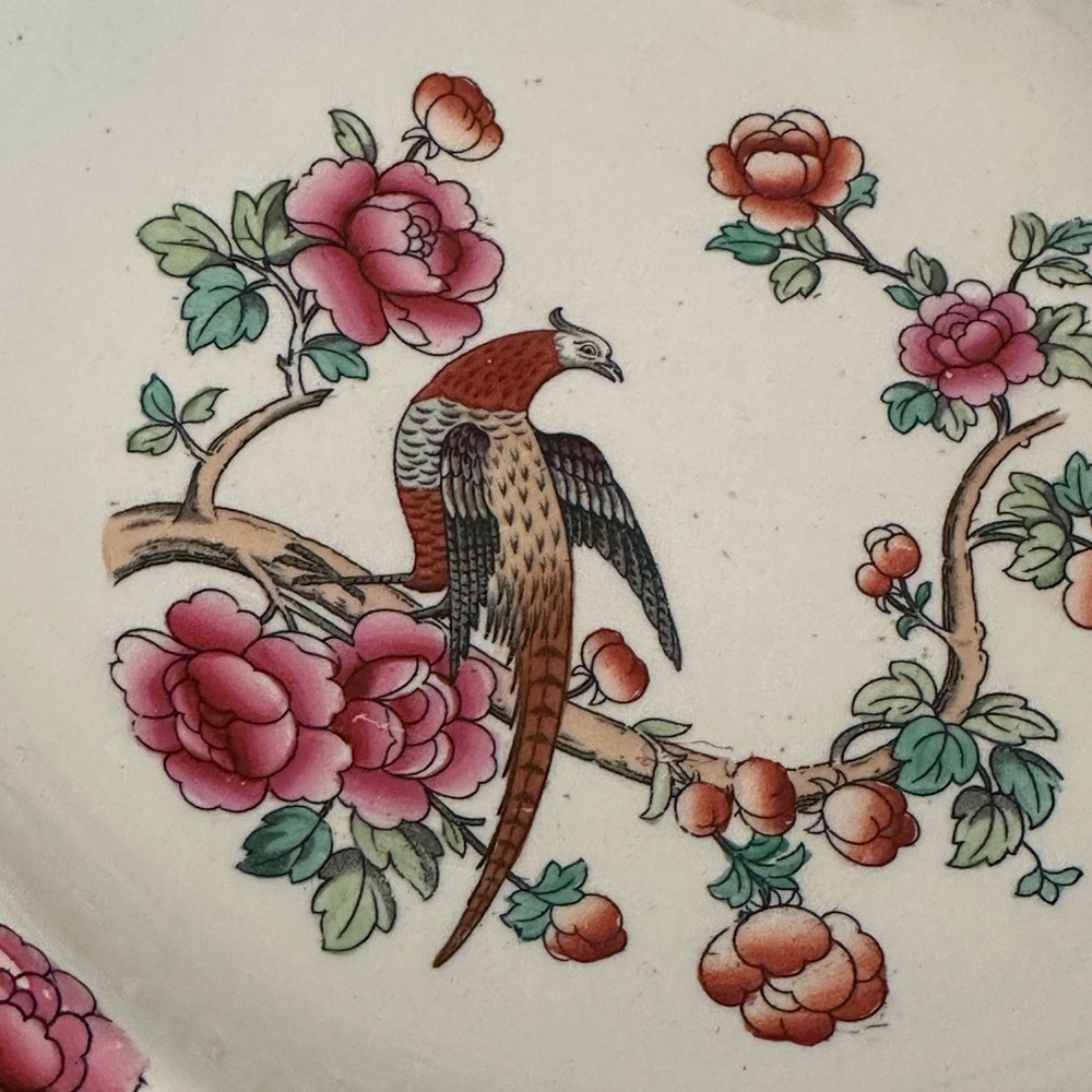 Antique Porcelain Decorative Bowl with Pink Floral & Green Accents. - Picture 2 of 5